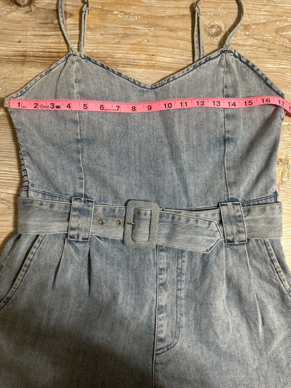Show me Your MuMu Revolve Sloane Denim Belted Romper Spaghetti Strap Sz L - Picture 9 of 13